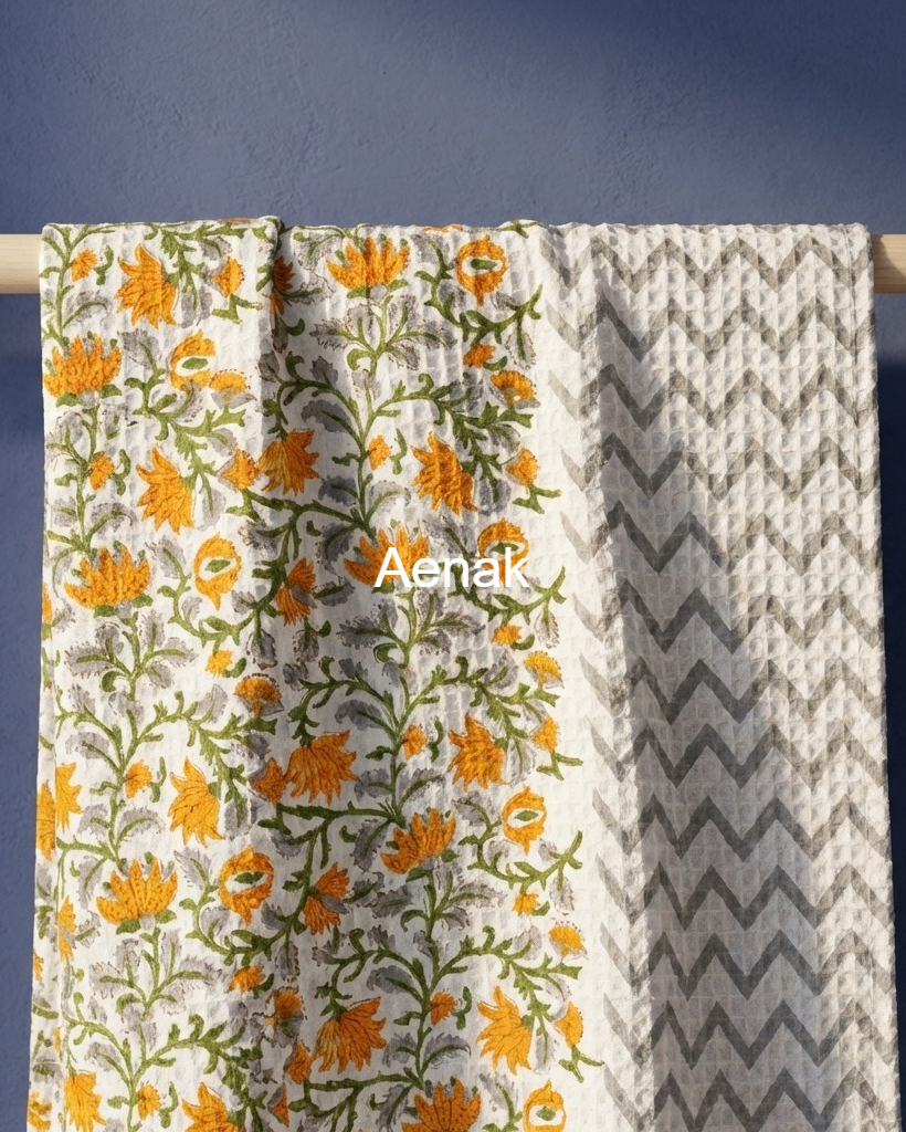 Yellow Floral Garden Handblock Waffle Cotton Towel