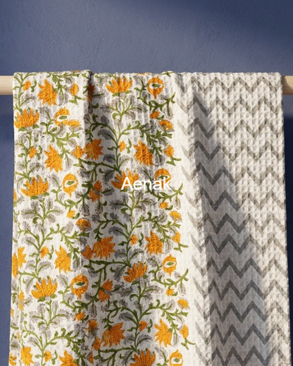 Yellow Floral Garden Handblock Waffle Cotton Towel