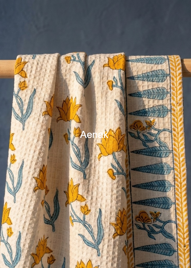 Yellow Lotus Handblock Waffle Cotton Towel