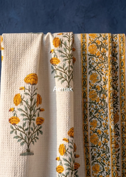 Turmeric Yellow Marigold Handblock Waffle Cotton Towel