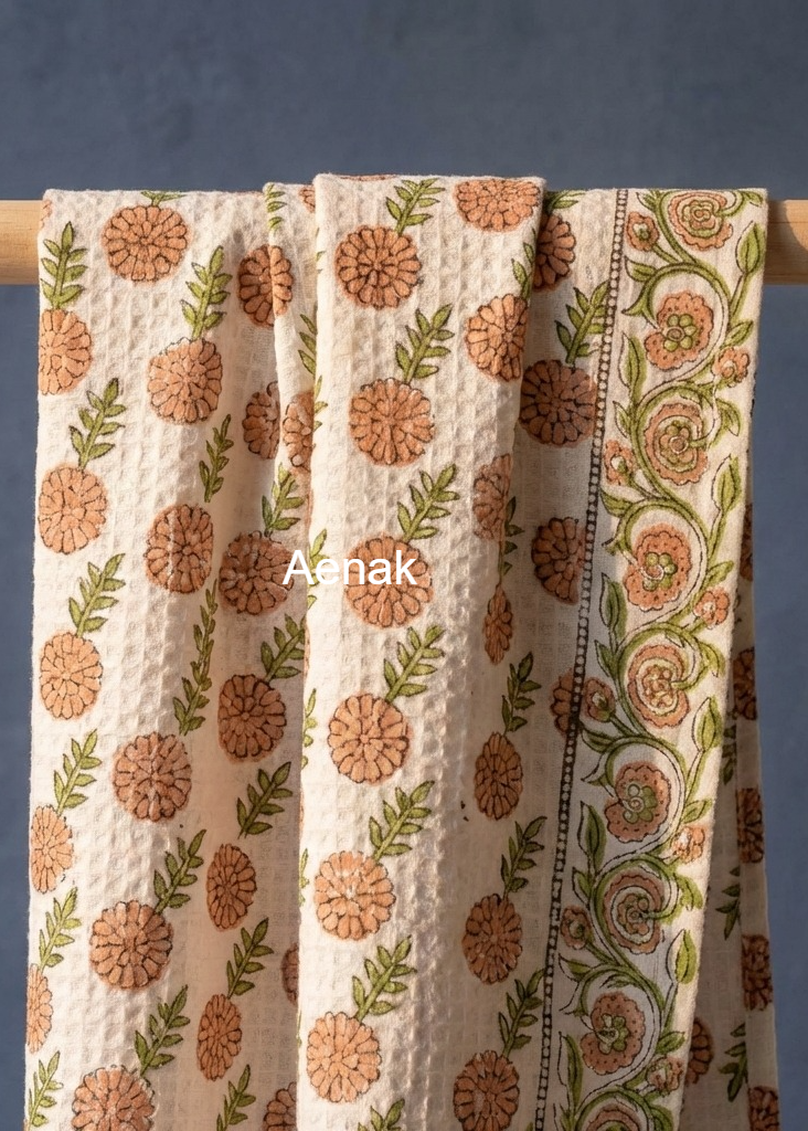 Orange Phool Handblock Waffle Cotton Towel
