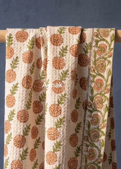 Orange Phool Handblock Waffle Cotton Towel