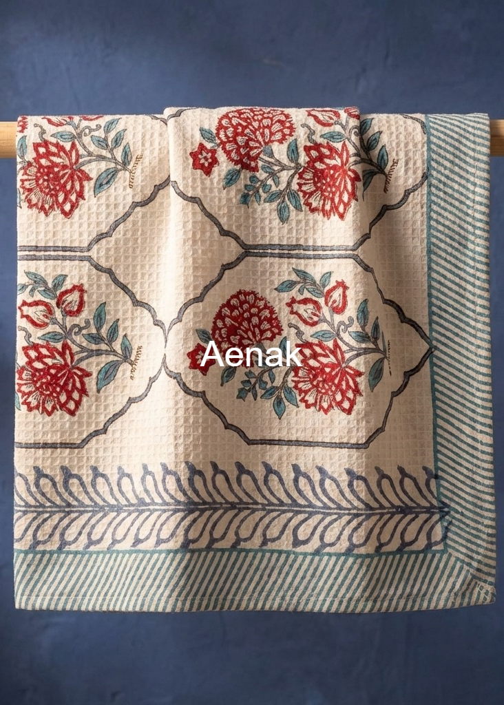 Grey Dahlia Handblock Waffle Cotton Towel