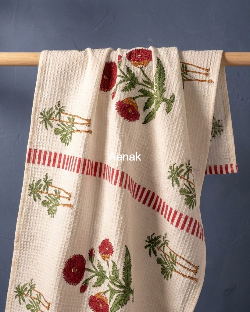 Red Dahlia Handblock Waffle Cotton Towel