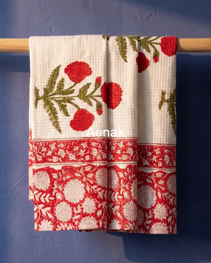 Red Floral Garden Handblock Waffle Cotton Towel