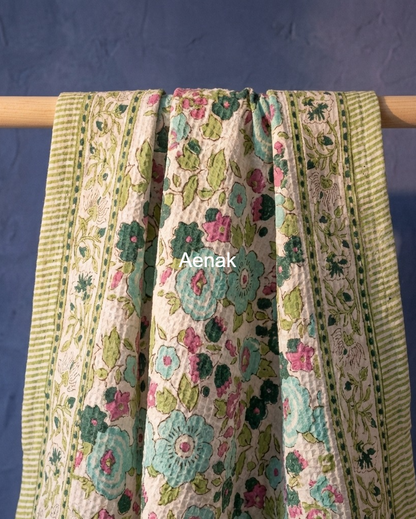 Blue Floral Garden Handblock Waffle Cotton Towel