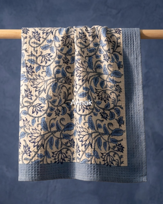 Grey & Blue Jaal Handblock Waffle Cotton Towel