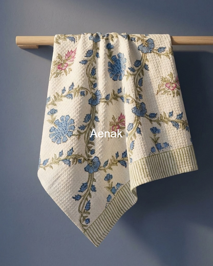 Blue Floral Jaal Handblock Waffle Cotton Towel