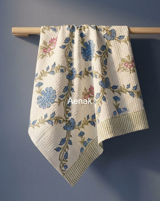Blue Floral Jaal Handblock Waffle Cotton Towel