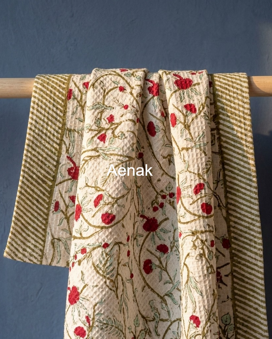 Red Rose Dahlia Handblock Waffle Cotton Towel