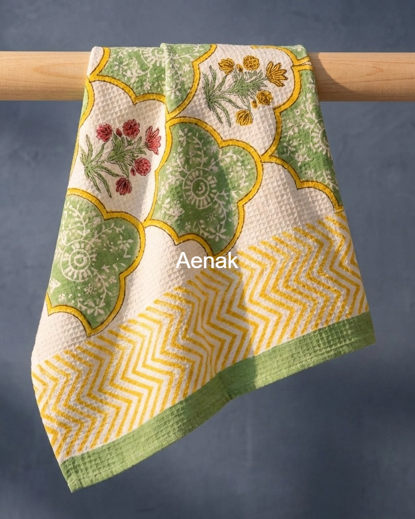 Green Dahlia Handblock Waffle Cotton Towel