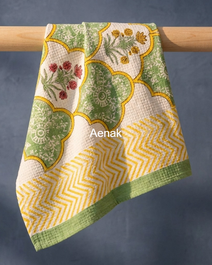 Green Dahlia Handblock Waffle Cotton Towel