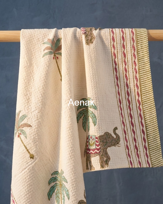 Grey Elephant Handblock Waffle Cotton Towel