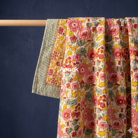 Pink Floral Garden Handblock Waffle Cotton Towel