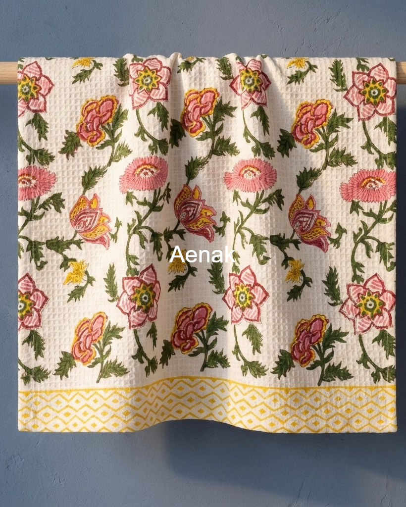 Peach & Pink Floral Garden Handblock Waffle Cotton Towel
