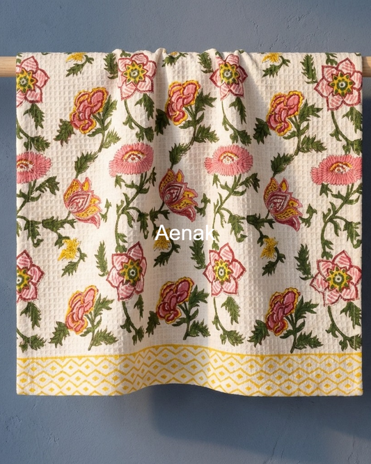 Peach & Pink Floral Garden Handblock Waffle Cotton Towel