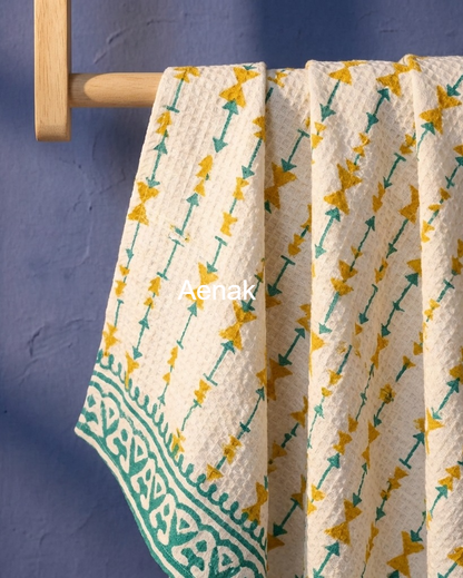 Golden Bloom Handblock Waffle Cotton Towel