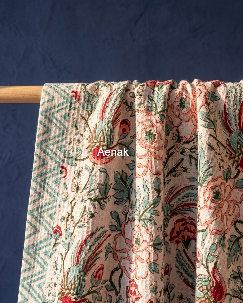 Pink Rose Bloom Handblock Waffle Cotton Towel