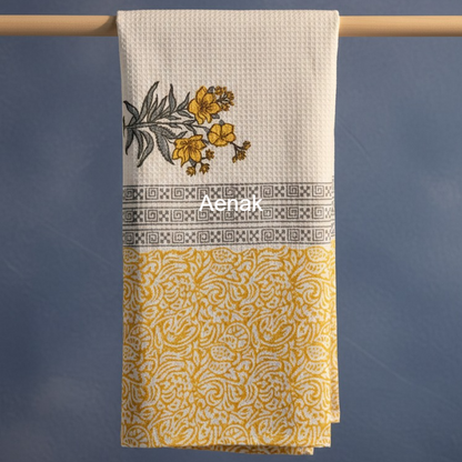 Yellow Periwinkle Handblock Waffle Cotton Towel
