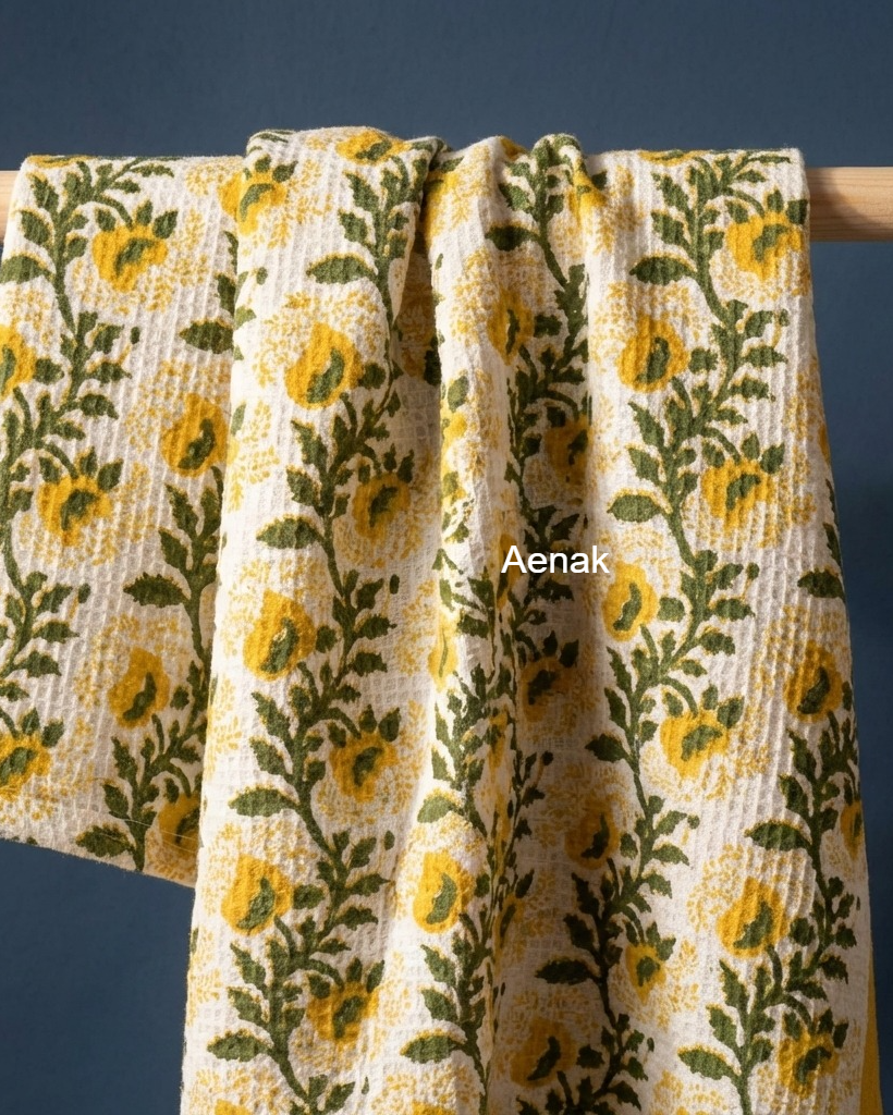Yellow Phool Handblock Waffle Cotton Towel