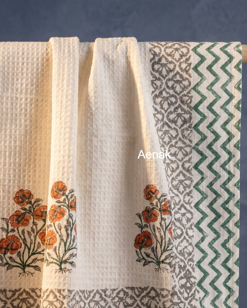 Orange Phool Handblock Waffle Cotton Towel