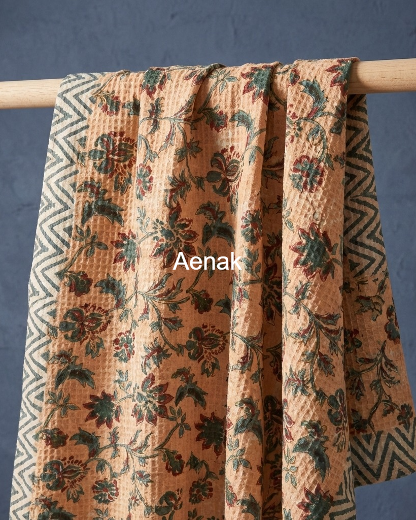 Peach Floral Garden Handblock Waffle Cotton Towel