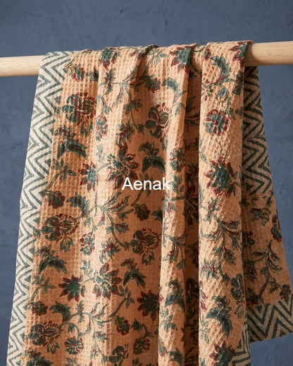 Peach Floral Garden Handblock Waffle Cotton Towel