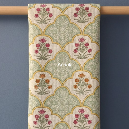 Mint Green & Yellow Handblock Waffle Cotton Towel