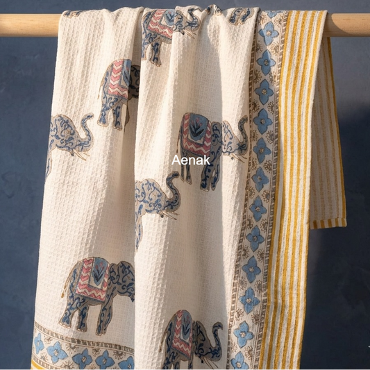 Blue Elephant Handblock Waffle Cotton Towel