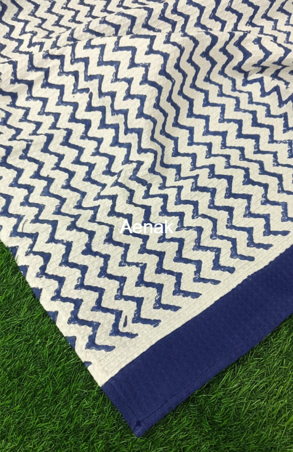 Blue Chevron Handblock Waffle Cotton Towel
