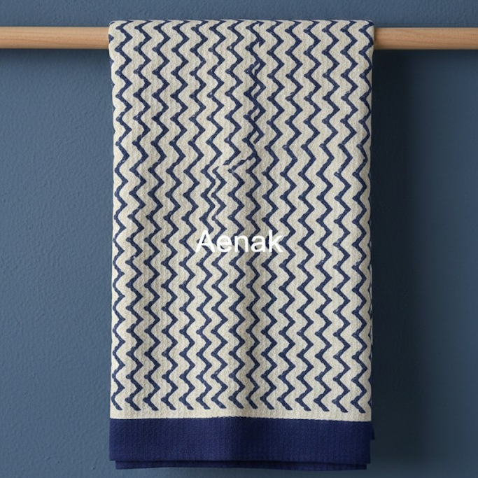 Blue Chevron Handblock Waffle Cotton Towel