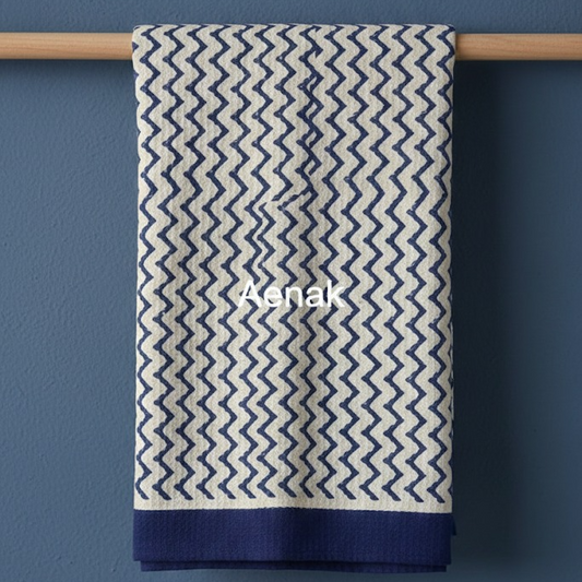 Blue Chevron Handblock Waffle Cotton Towel