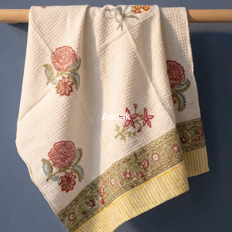Pink Rose Handblock Waffle Cotton Towel