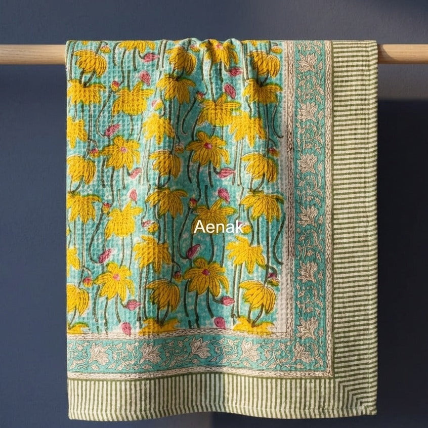Yellow Lotus Handblock Waffle Cotton Towel