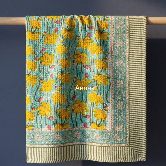 Yellow Lotus Handblock Waffle Cotton Towel