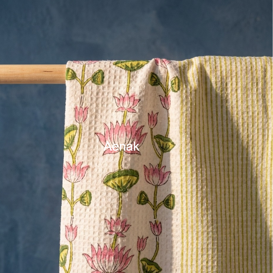 Pichwai Lotus Handblock Waffle Cotton Towel