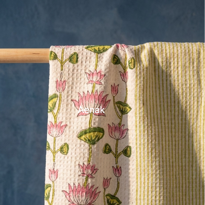Pichwai Lotus Handblock Waffle Cotton Towel