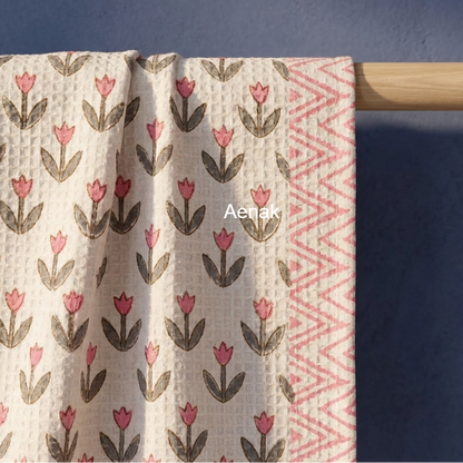 Tiny Rose Handblock Waffle Cotton Towel