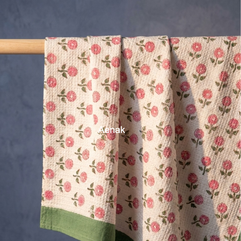 Pink Madhumati Handblock Waffle Cotton Towel