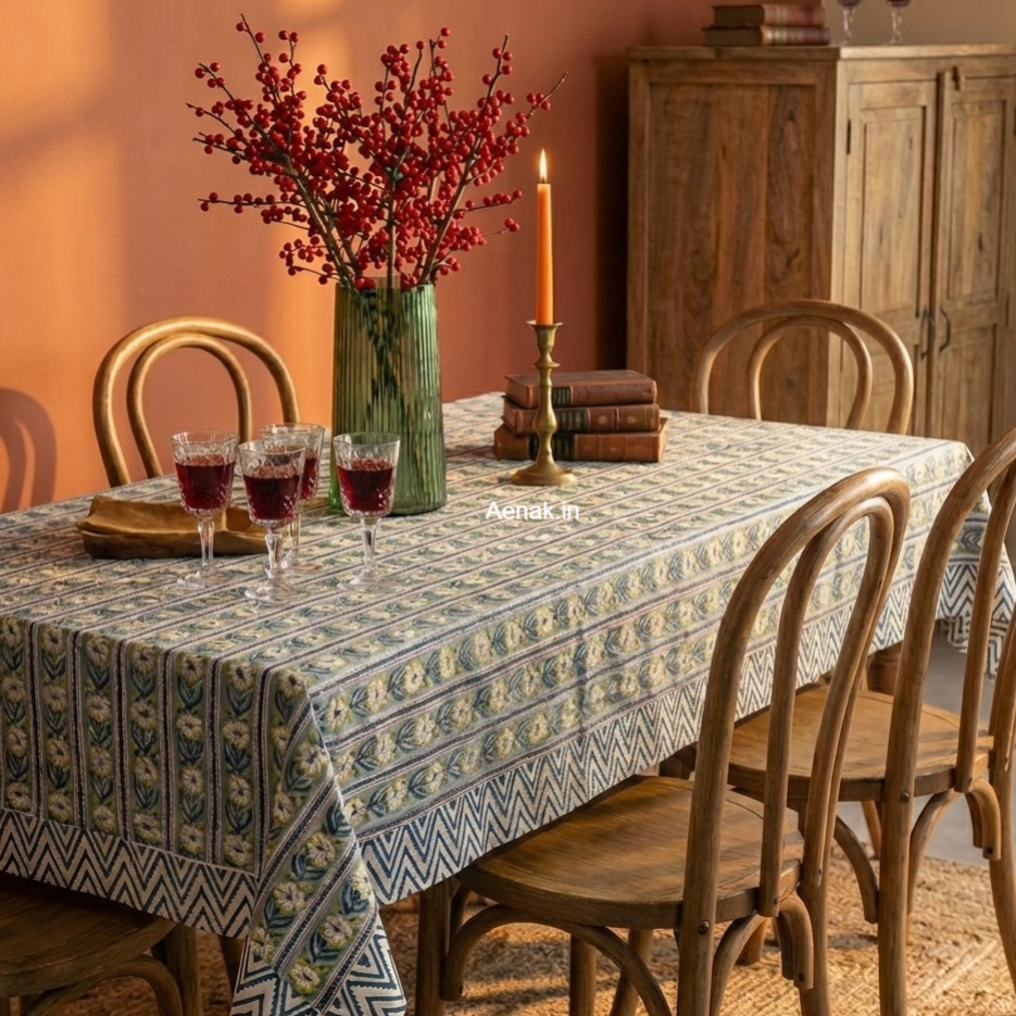 Blue Poppy Stripe Handblock Table Cover