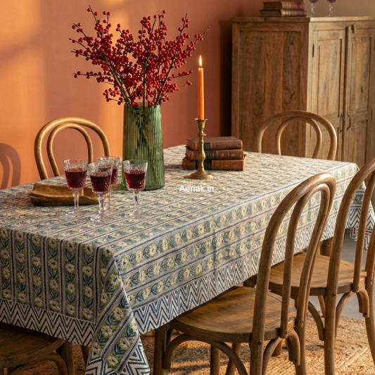 Blue Poppy Stripe Handblock Table Cover