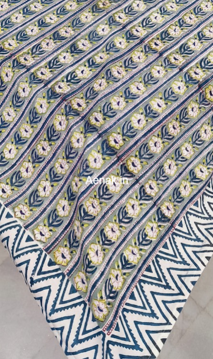 Blue Poppy Stripe Handblock Table Cover