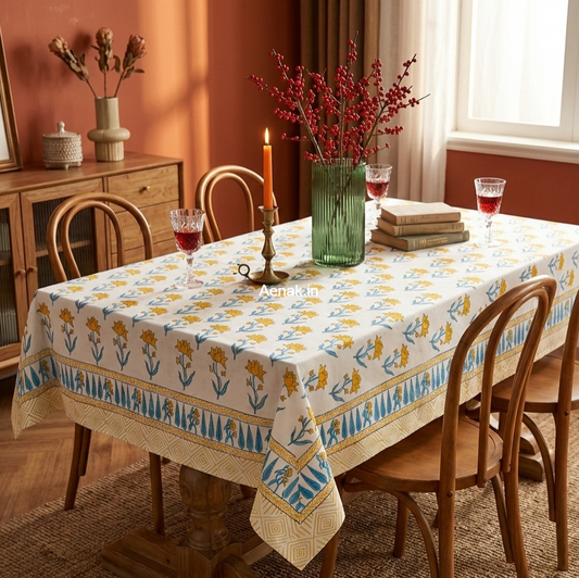 Yellow Lotus Handblock Table Cover