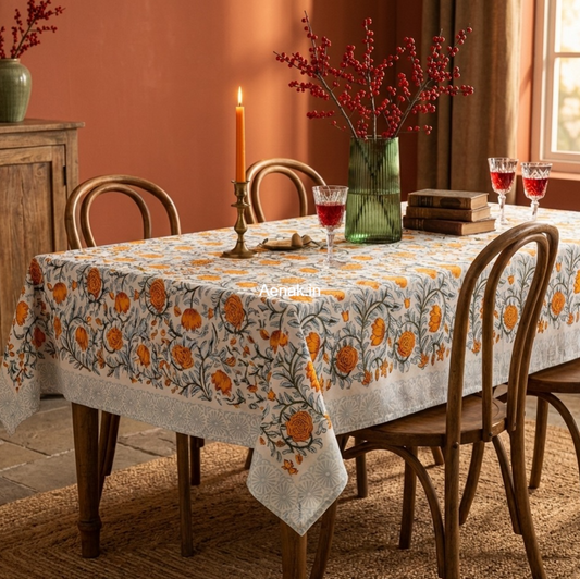 Orange Rose Handblock Table Cover