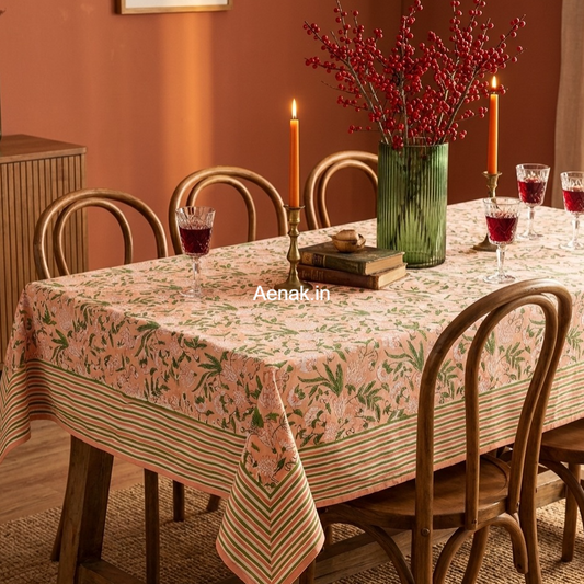 Peach Floral Garden Handblock Table Cover