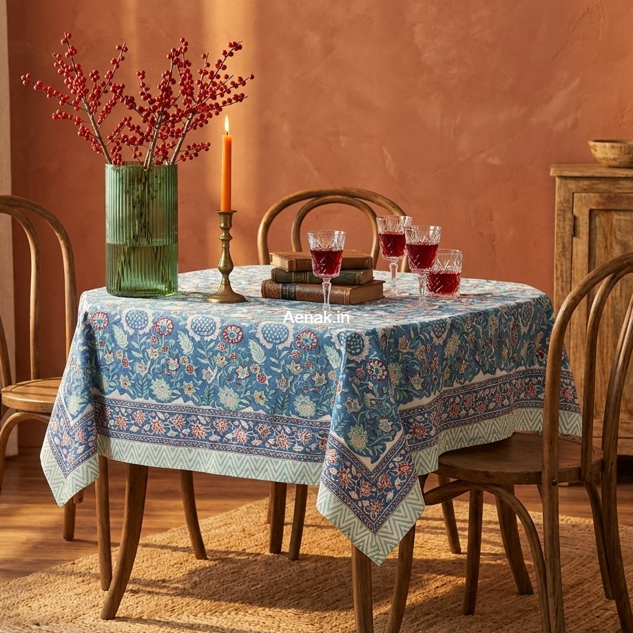 Blue Floral Garden Handblock Table Cover