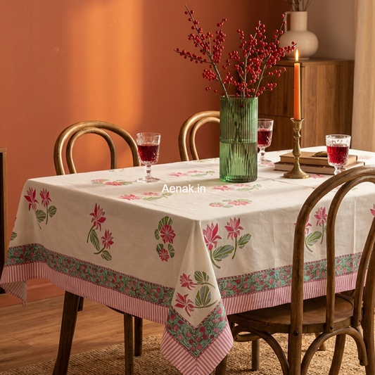 Pink Lotus Handblock Table Cover