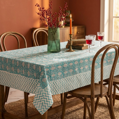 Sky Blue Floral Garden Handblock Table Cover