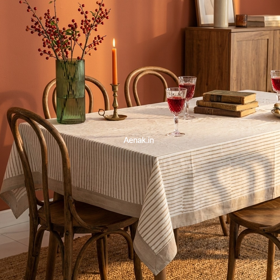 Grey Striped Handblock Table Cover