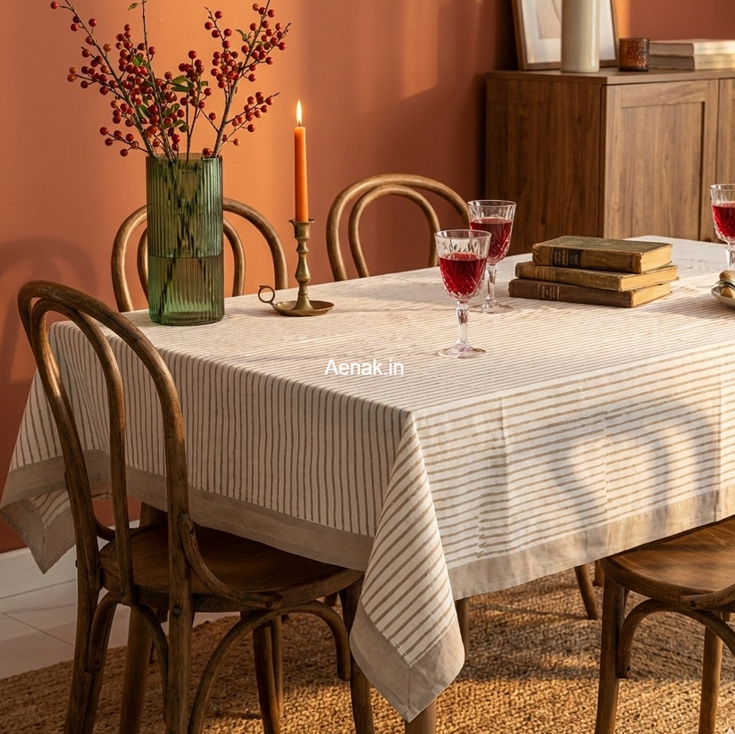 Light Brown Striped Handblock Table Cover – Aenak